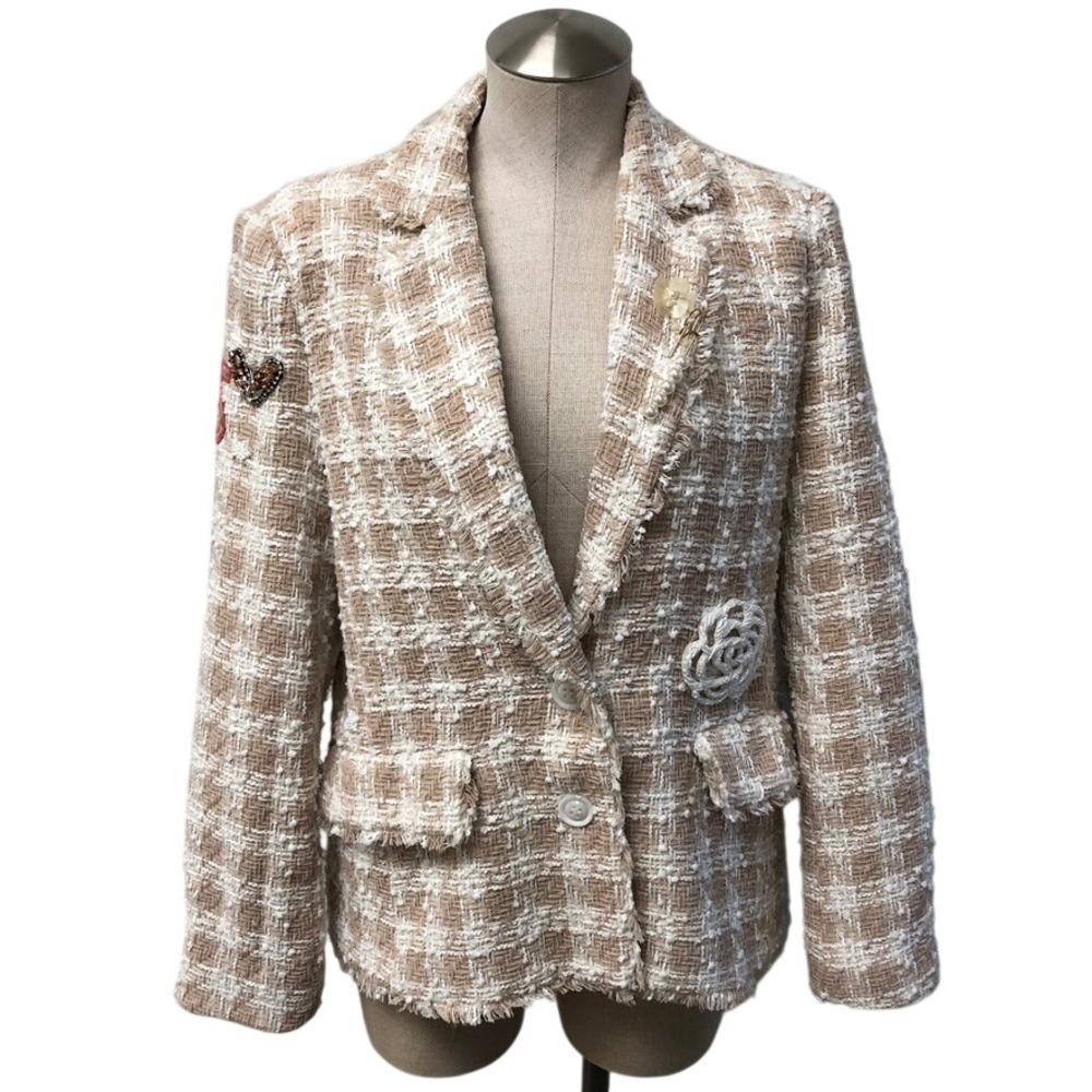 By Anthropologie Blazer Womens Medium Tan White Tweed Embellished Fringed Preppy